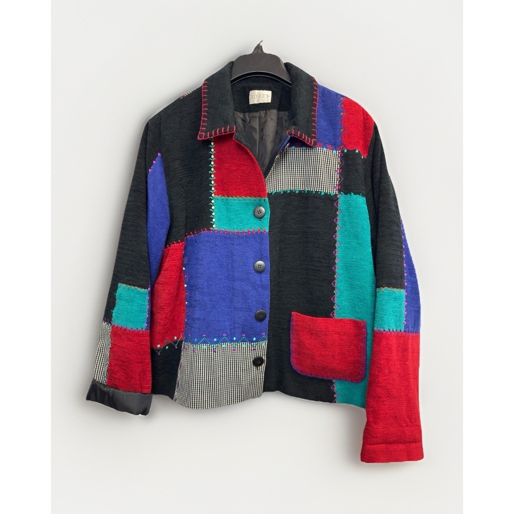 Vintage Koret Patchwork Jacket Womens L Colorful Embroidered Lined Pockets Y2K